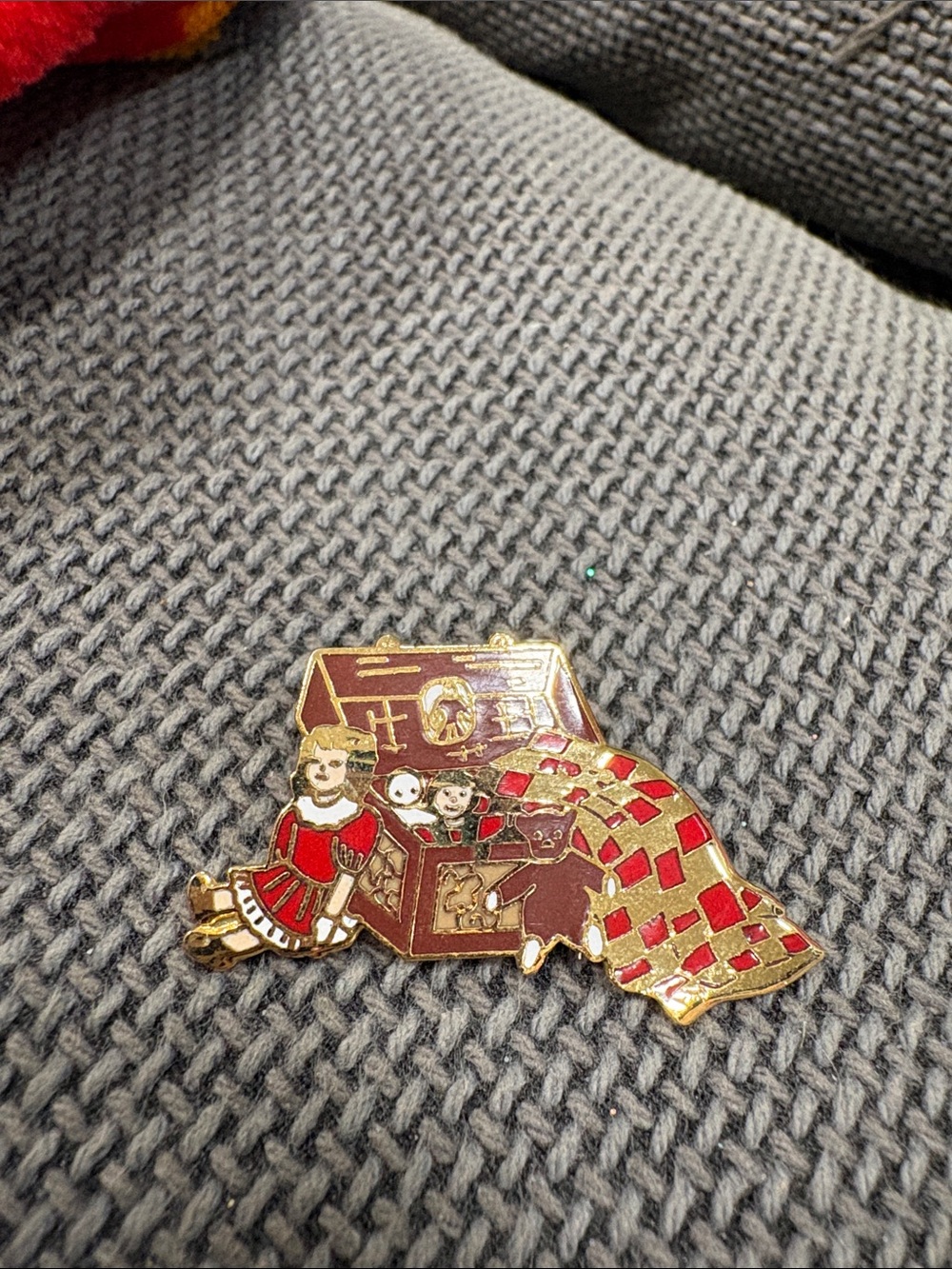 Vintage Toy Chest Enamel Pin — Red, Gold, Brown